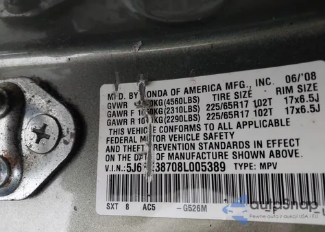 2008 Honda Cr-V Ex-L z USA, uszkodzony, nr VIN 5J6RE38708L005389